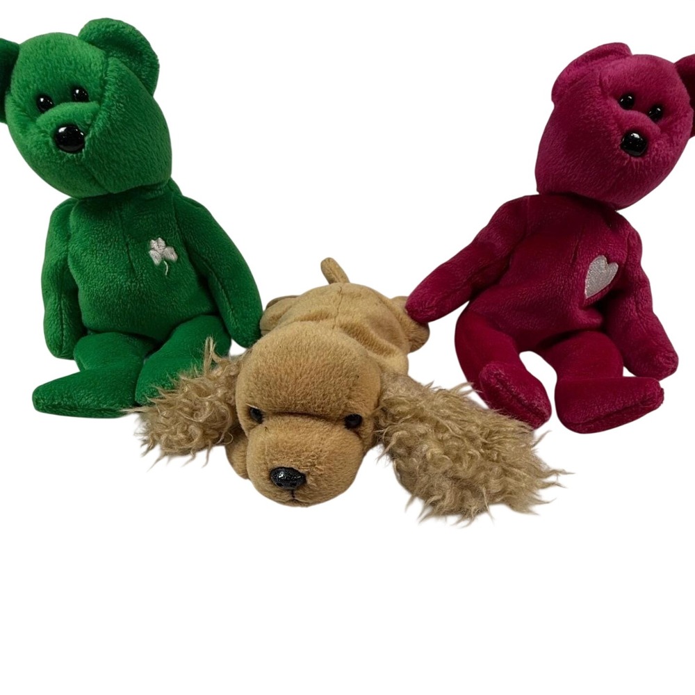 Ty Beanie Babies Lot Erin Green Bear Valentino Red Bear Spunky‎ Dog 1997 Vintage